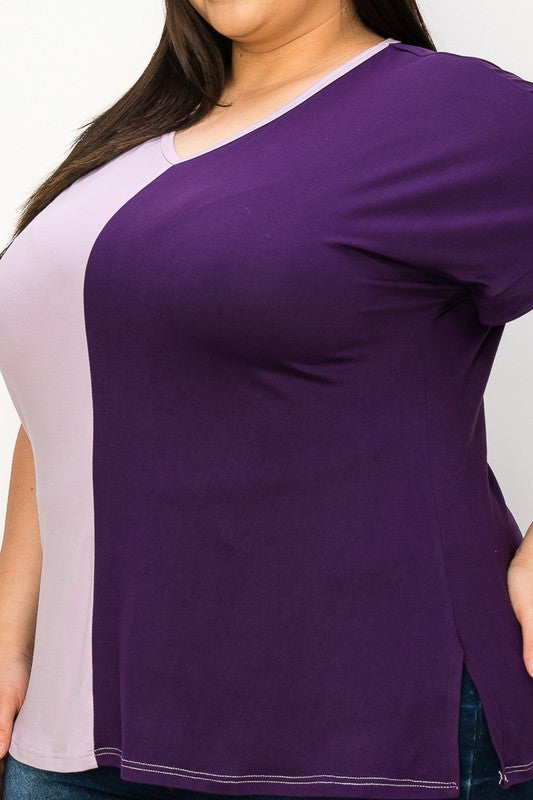 V-neck two-tone tunic top