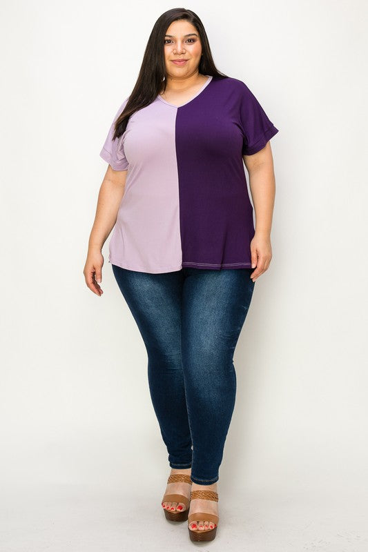V-neck two-tone tunic top