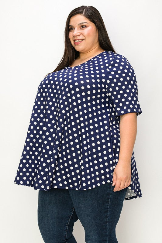 Navy Polka Dot V-neck Short Sleeves Tunic