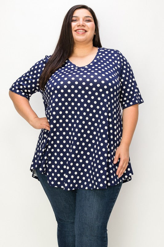 Navy Polka Dot V-neck Short Sleeves Tunic