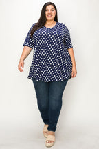 Navy Polka Dot V-neck Short Sleeves Tunic