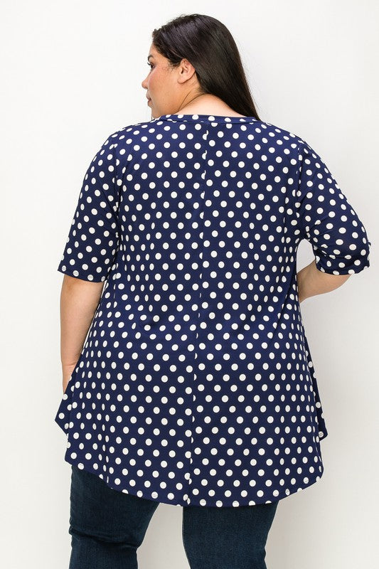 Navy Polka Dot V-neck Short Sleeves Tunic