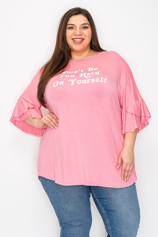 Pink Ruffle Sleeves Solid Color Tunic Top