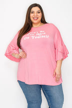 Pink Ruffle Sleeves Solid Color Tunic Top