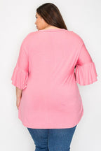 Pink Ruffle Sleeves Solid Color Tunic Top
