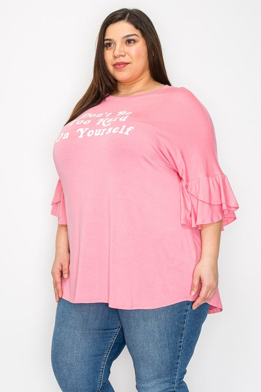 Pink Ruffle Sleeves Solid Color Tunic Top