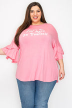 Pink Ruffle Sleeves Solid Color Tunic Top