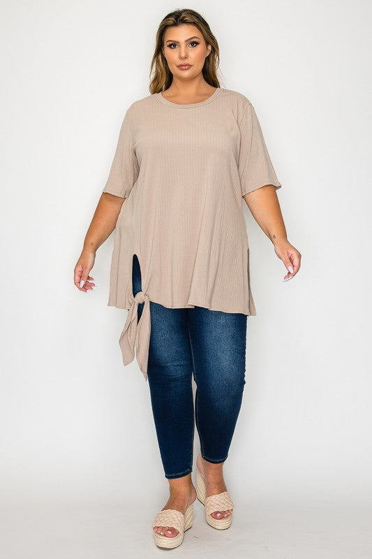 Solid Color Ribbed Tunic With Side Tie