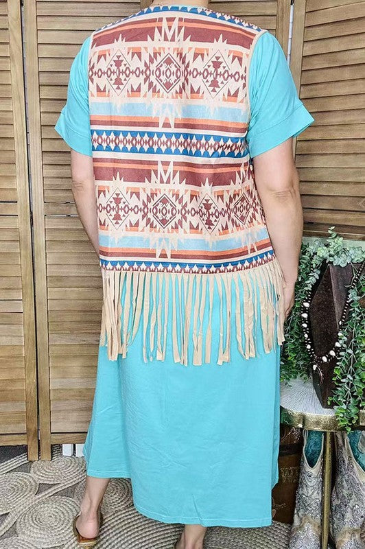 Aztec printed vest w/ FRINGE
