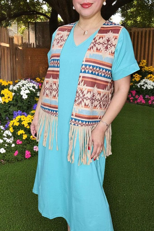 Aztec printed vest w/ FRINGE
