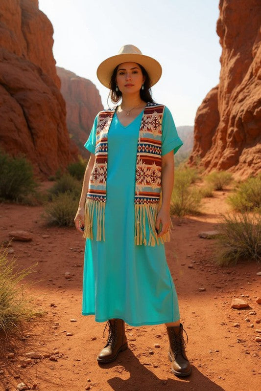 Aztec printed vest w/ FRINGE