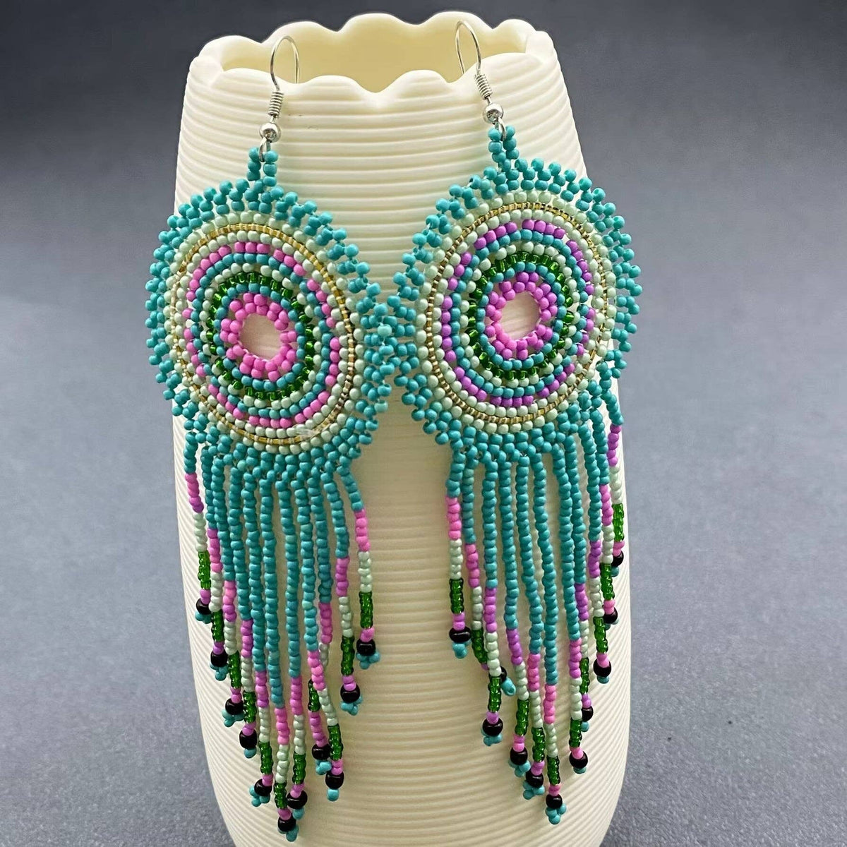 Boho Round Multicolor Seed Beads Fringe Earrings