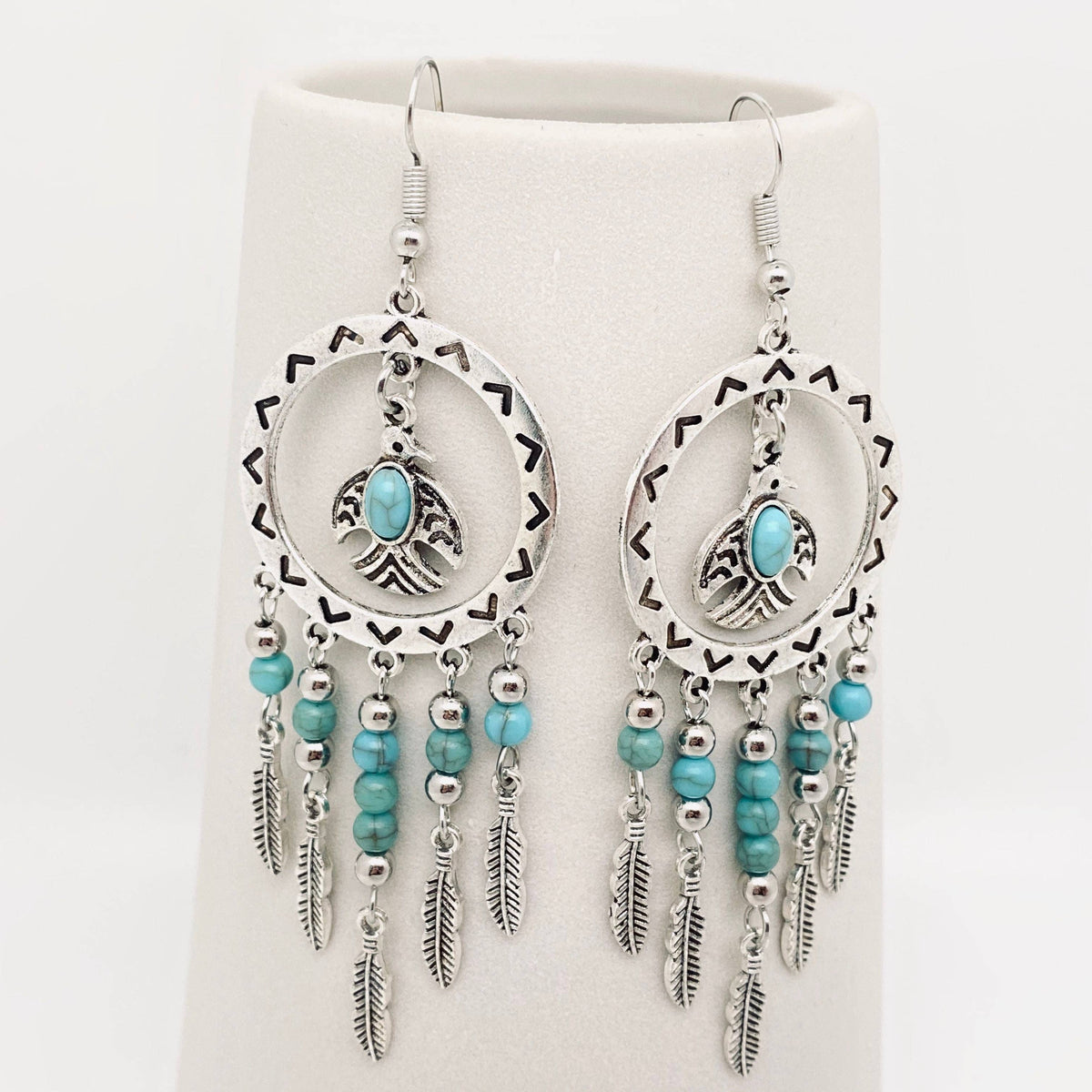 Turquoise Bird Dreamcatcher Tassel Earrings