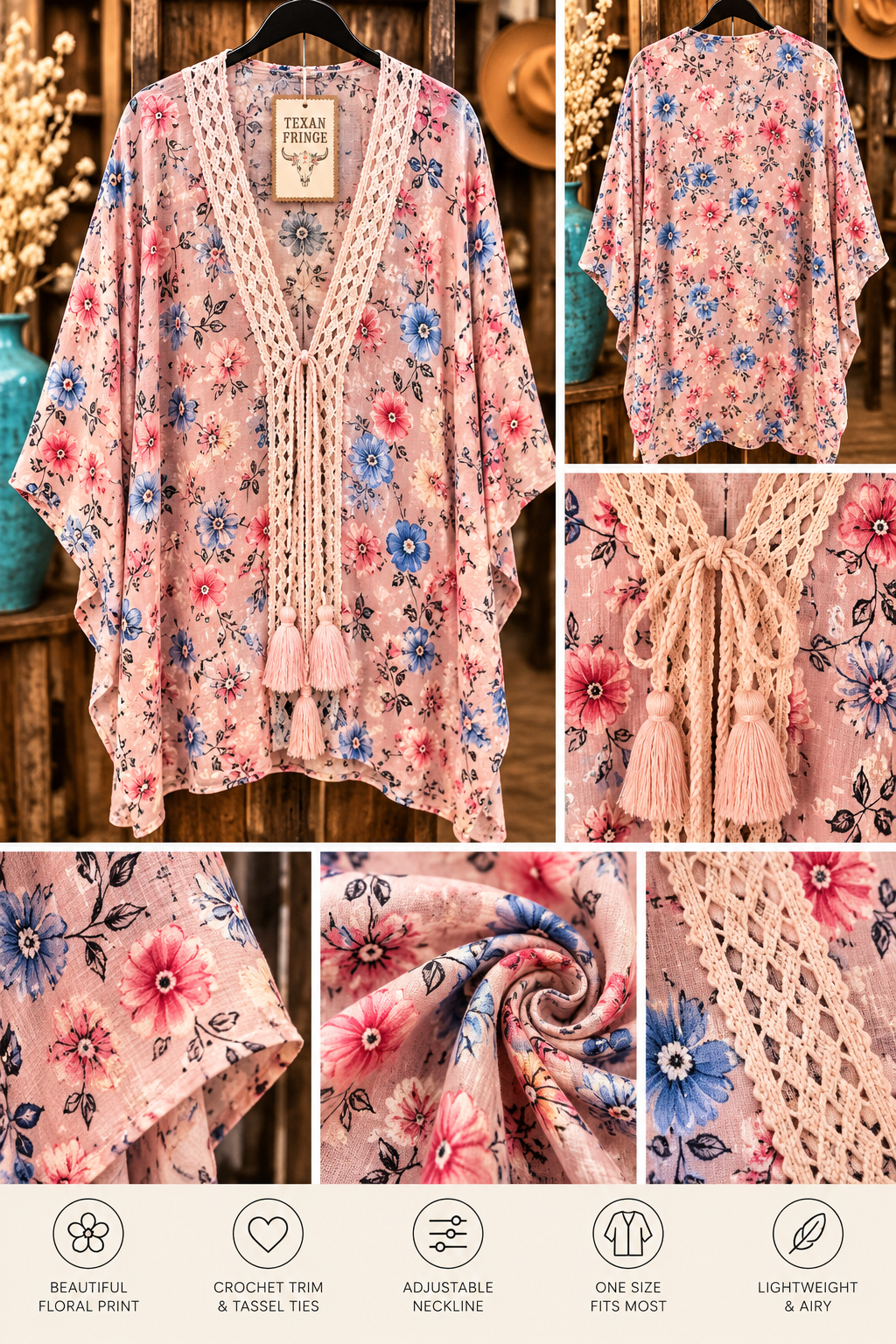 Blush & Bloom | Crochet-Trim Floral Kimono
