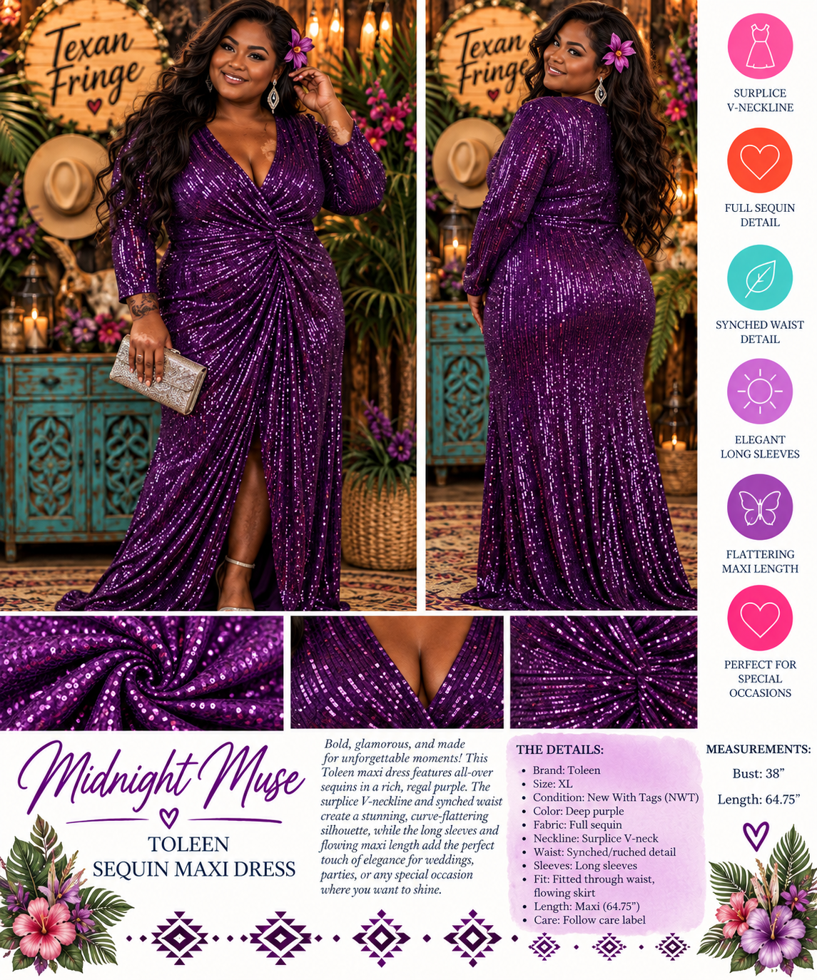Midnight Muse | Toleen Purple Sequin Maxi Dress