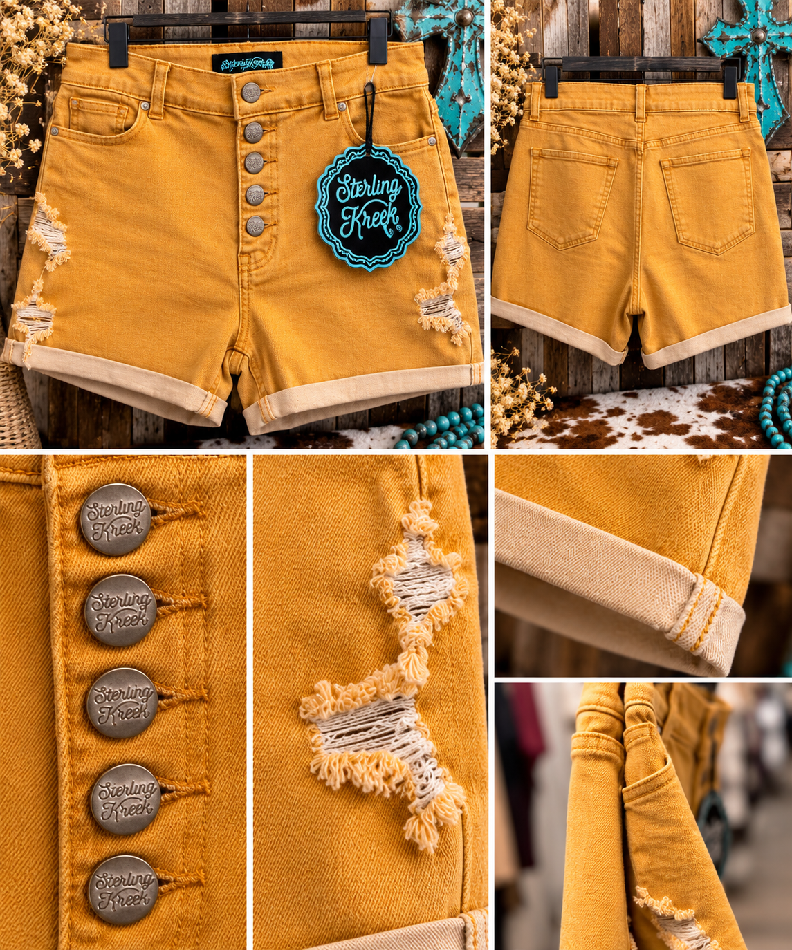 Golden Hour | Sterling Kreek Mustard Distressed Shorts