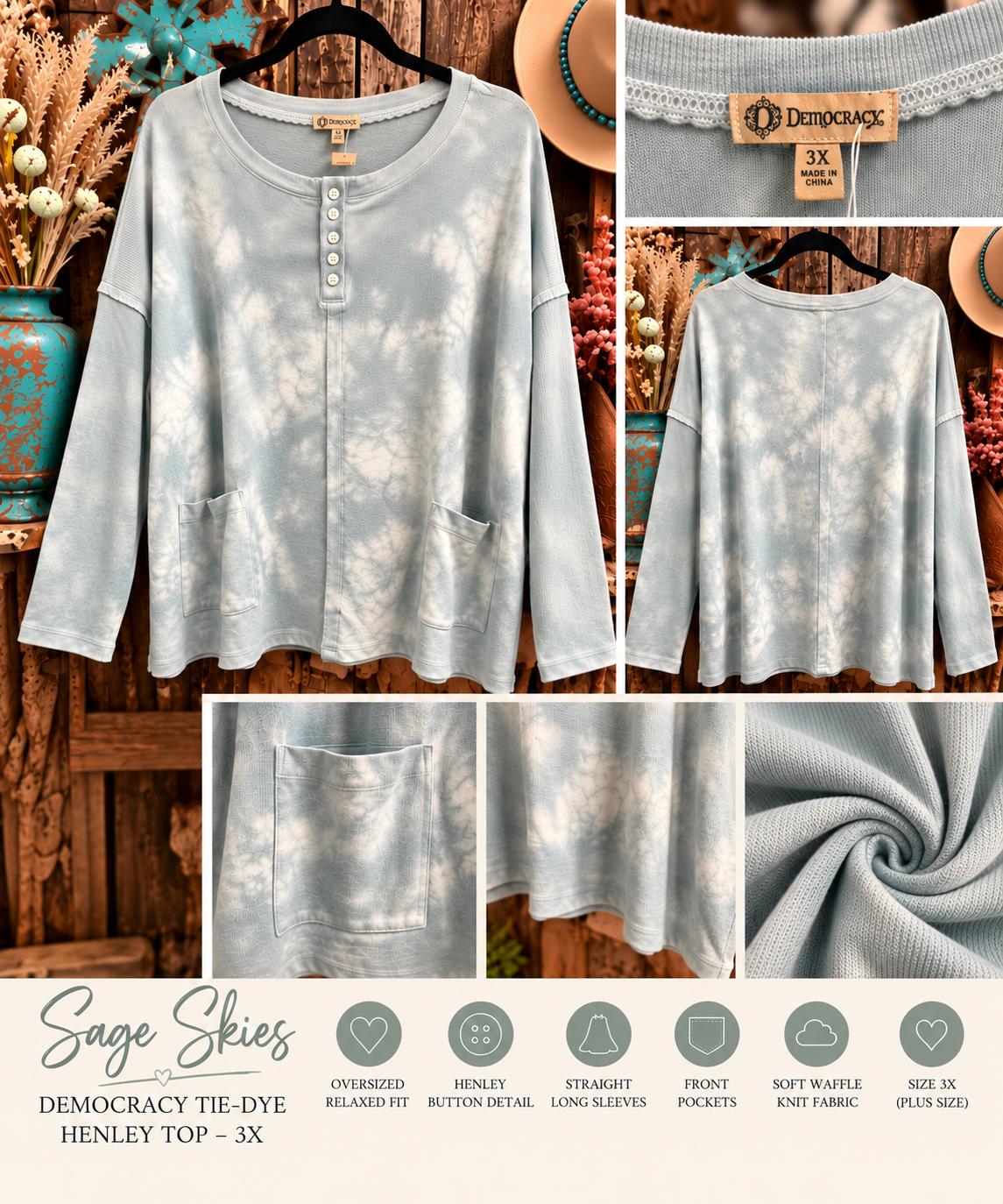 Sage Skies | Democracy Blue-Sage Tie-Dye Henley Top